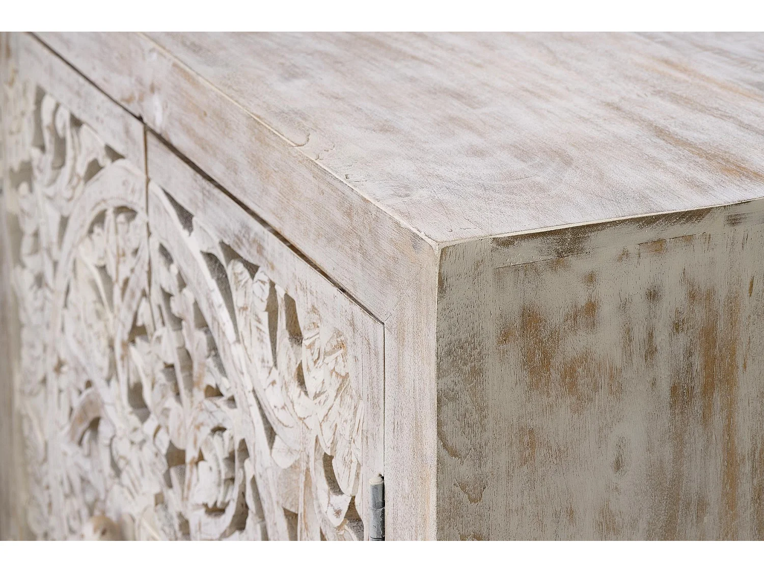 Buffet en manguier, pieds en métal blanc et gris vieilli