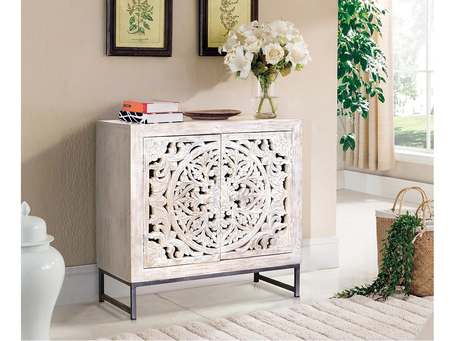 Buffet en manguier, pieds en métal blanc et gris vieilli