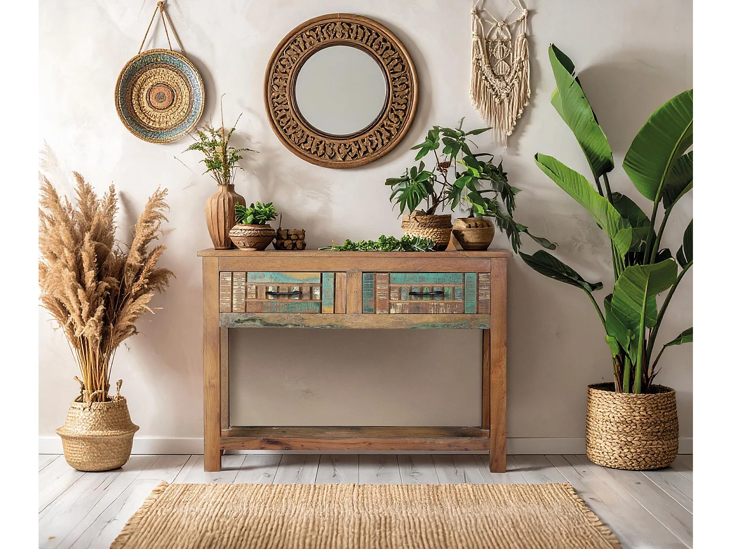Console en bois recyclé 105 cm, style industriel vintage - 76 x 106 x 33 cm
