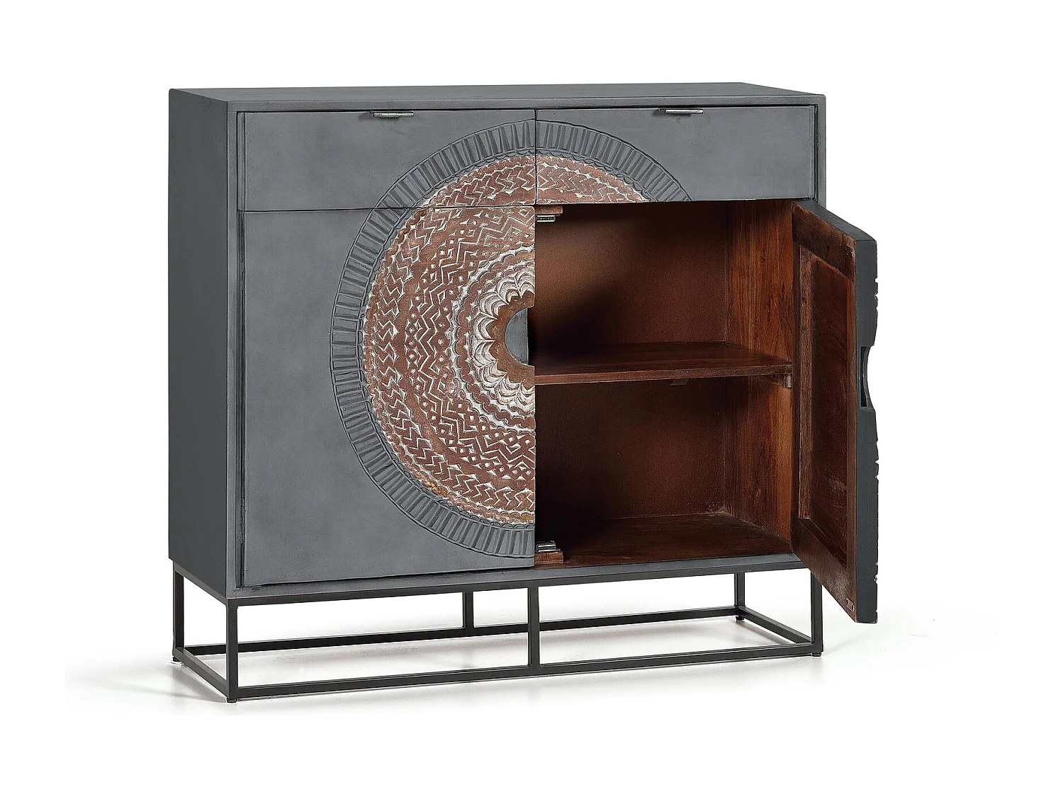 Commode en manguier et pieds en métal gris et marron