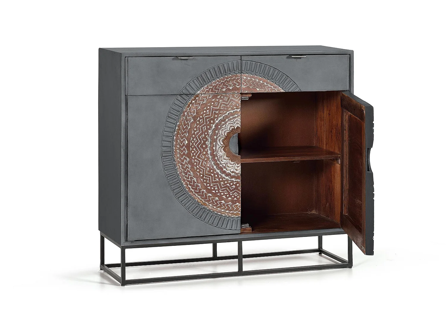 Commode en manguier et pieds en métal gris et marron