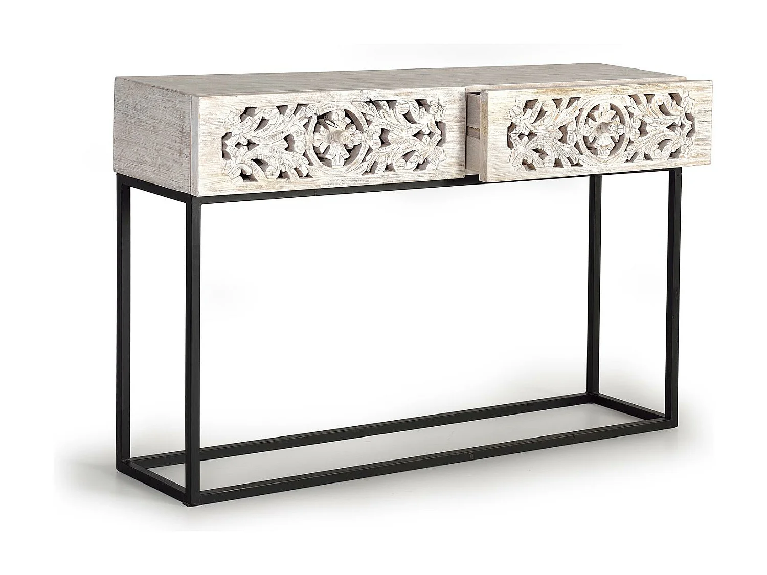 Console en manguier et pieds en métal vieilli noir et blanc