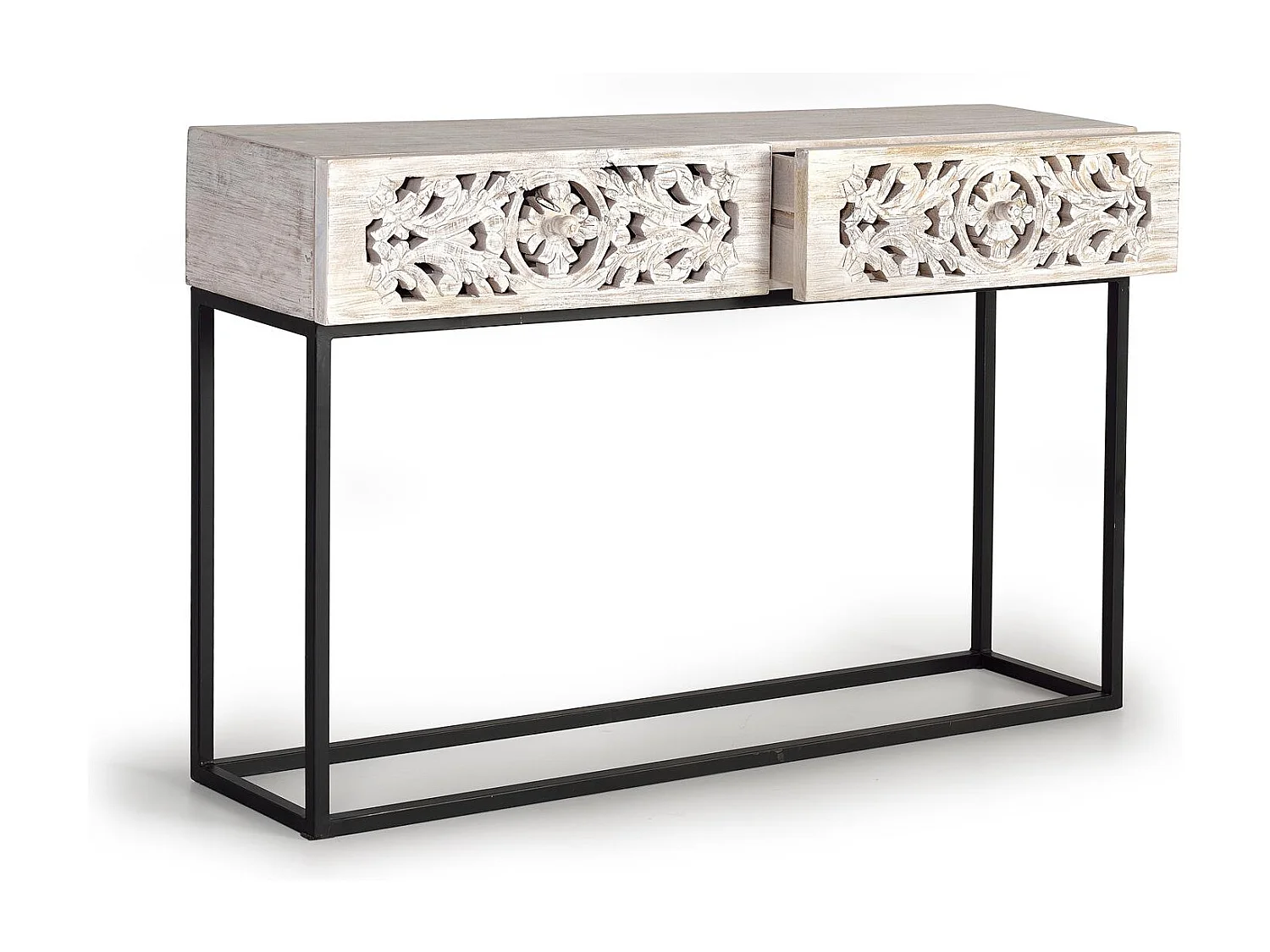 Console en manguier et pieds en métal vieilli noir et blanc