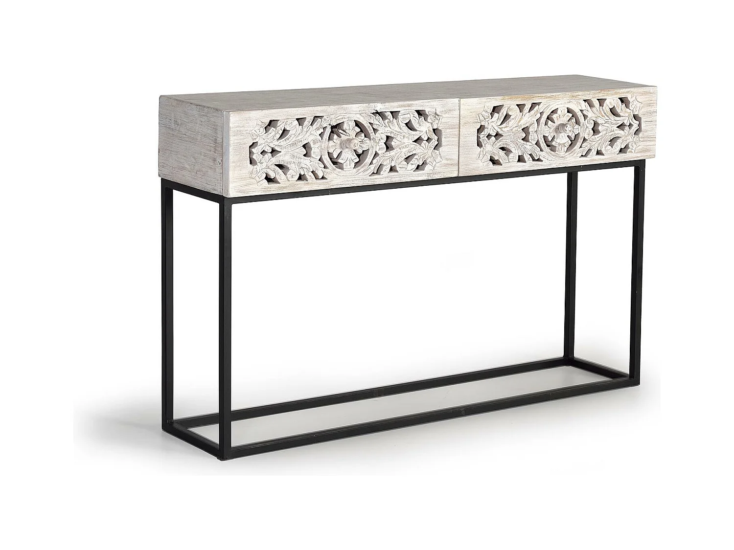 Console en manguier et pieds en métal vieilli noir et blanc