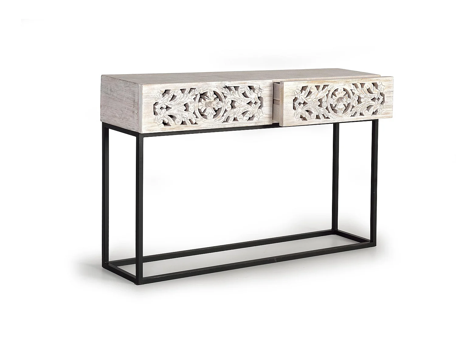 Console en bois de manguier 120 cm, style ethnique bohème sculpté - 77 x 120 x 30 cm