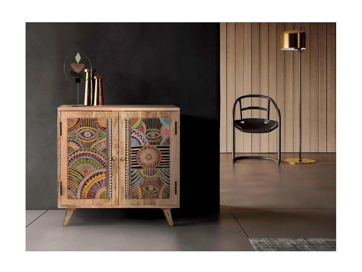 Commode en bois manguier naturel decorée à la main