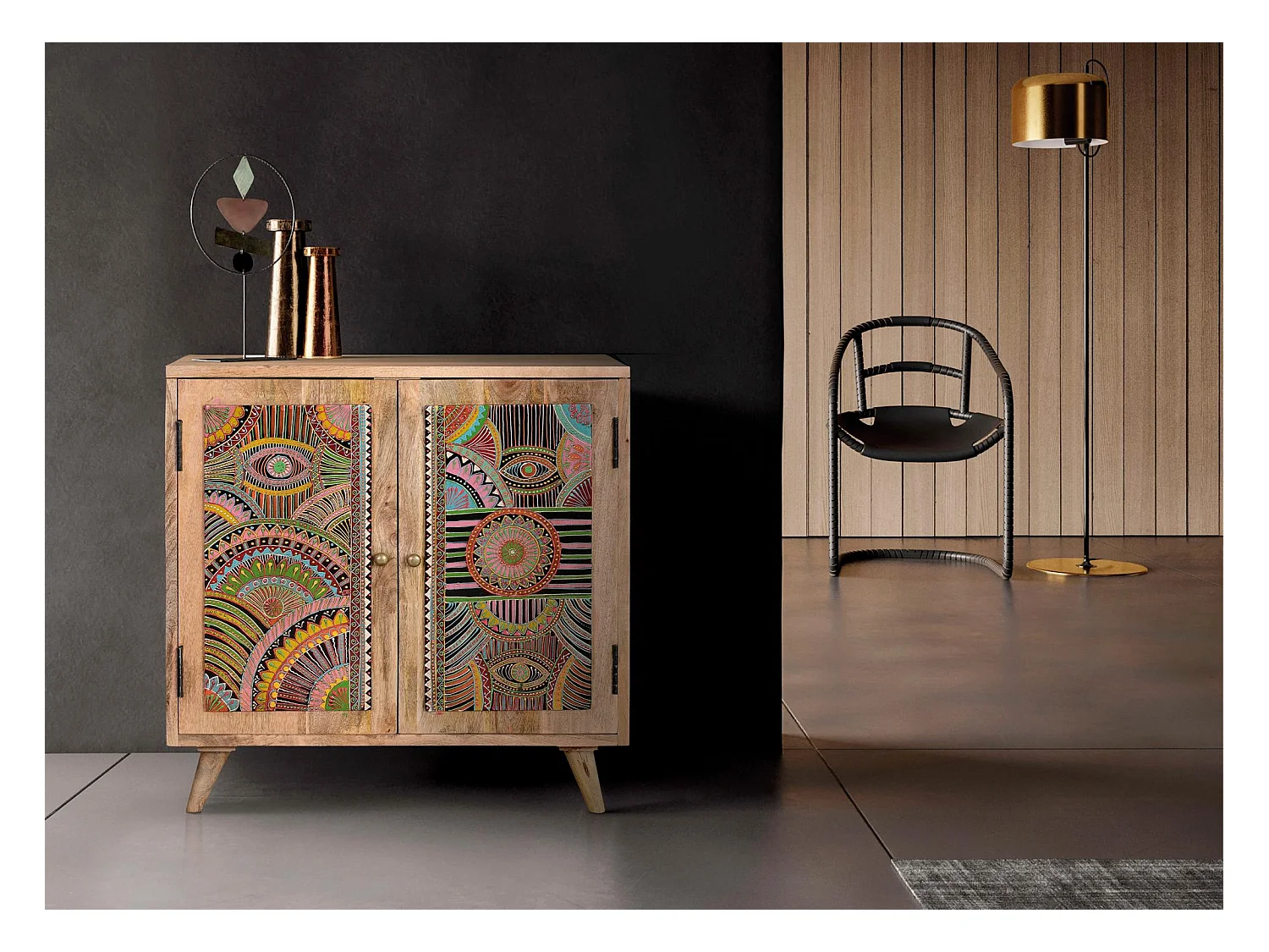 Commode en bois manguier naturel decorée à la main