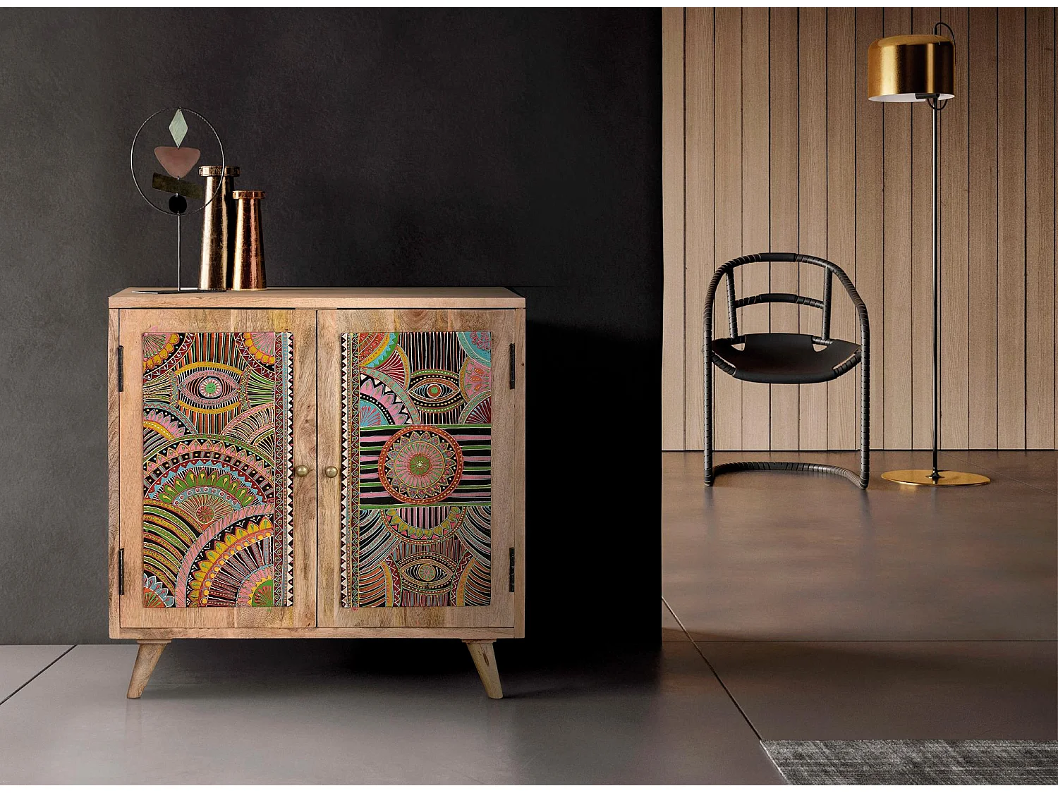 Commode in houten manguier naturel gedecoreerd à la main