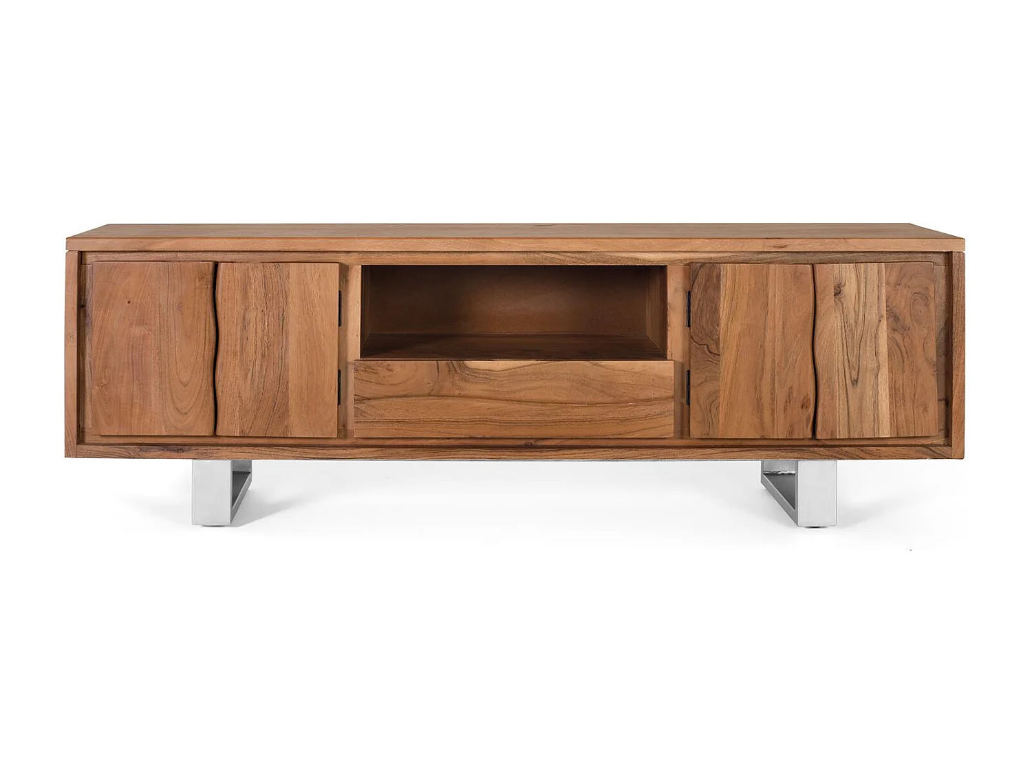 TV-Schrank aus natürlichem Akazienholz und silbernem Metall