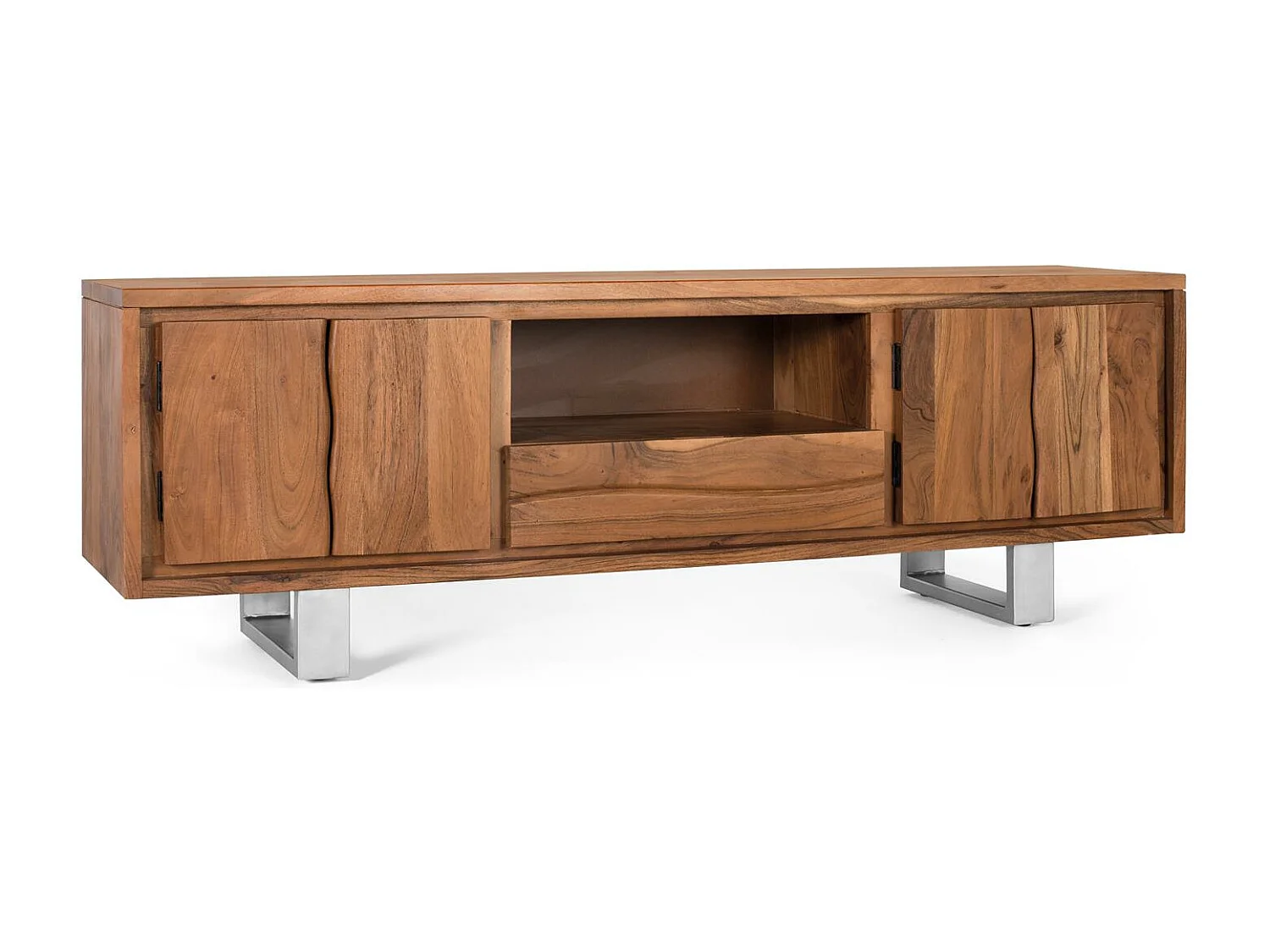 TV-Schrank aus natürlichem Akazienholz und silbernem Metall