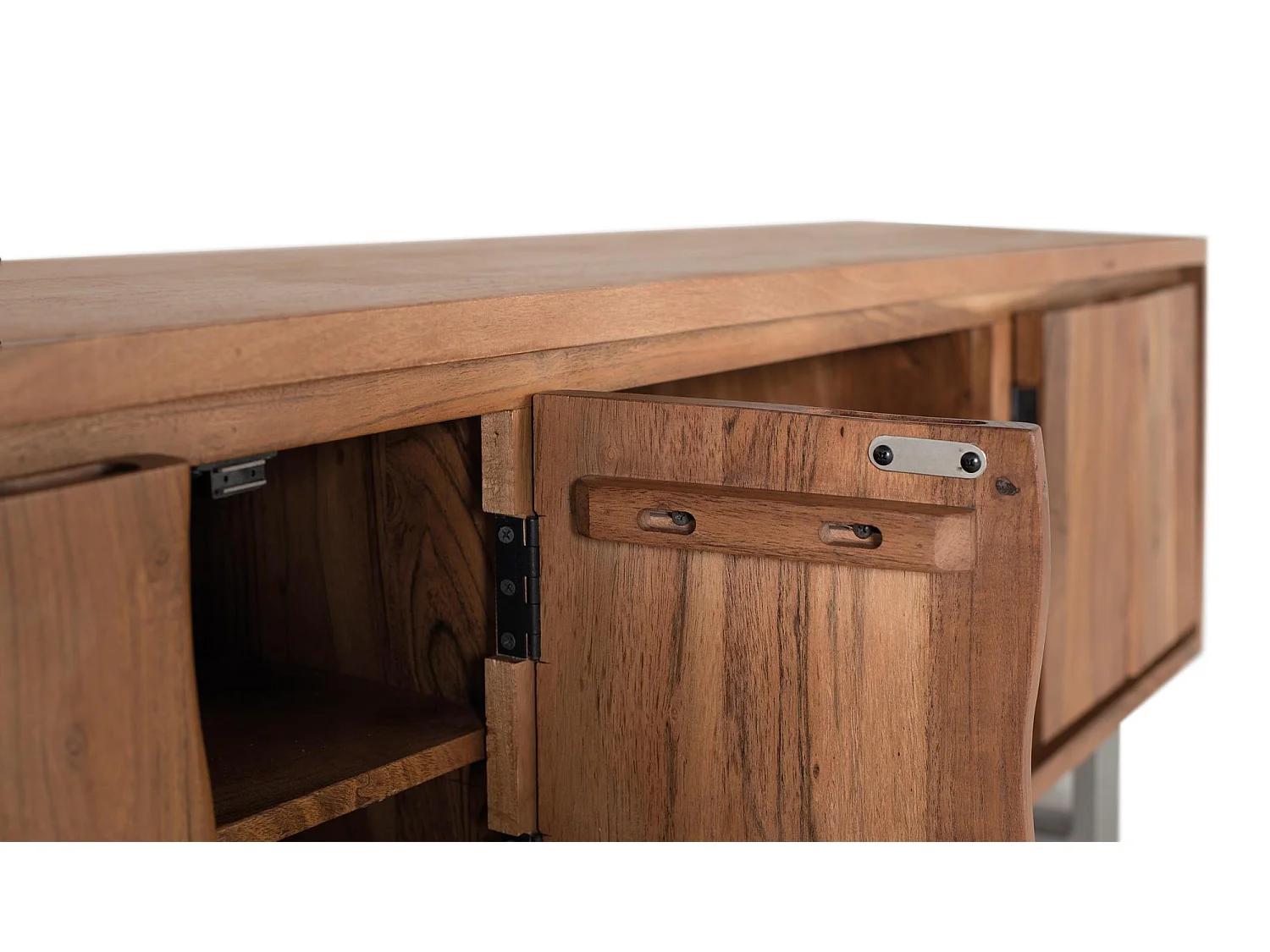 Meuble TV en bois d'acacia naturel et métal argenté