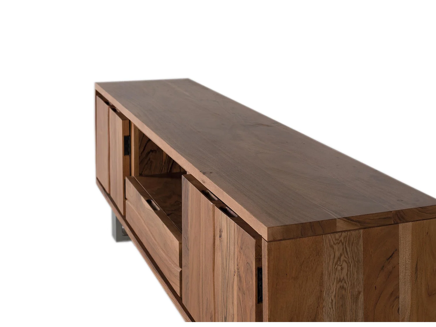 Meuble TV en bois d'acacia naturel et métal argenté