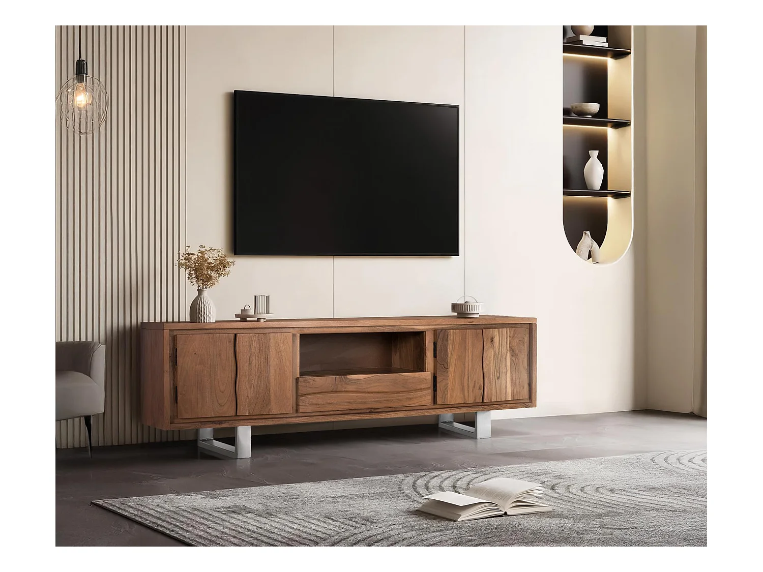 Meuble TV en bois d'acacia naturel et métal argenté