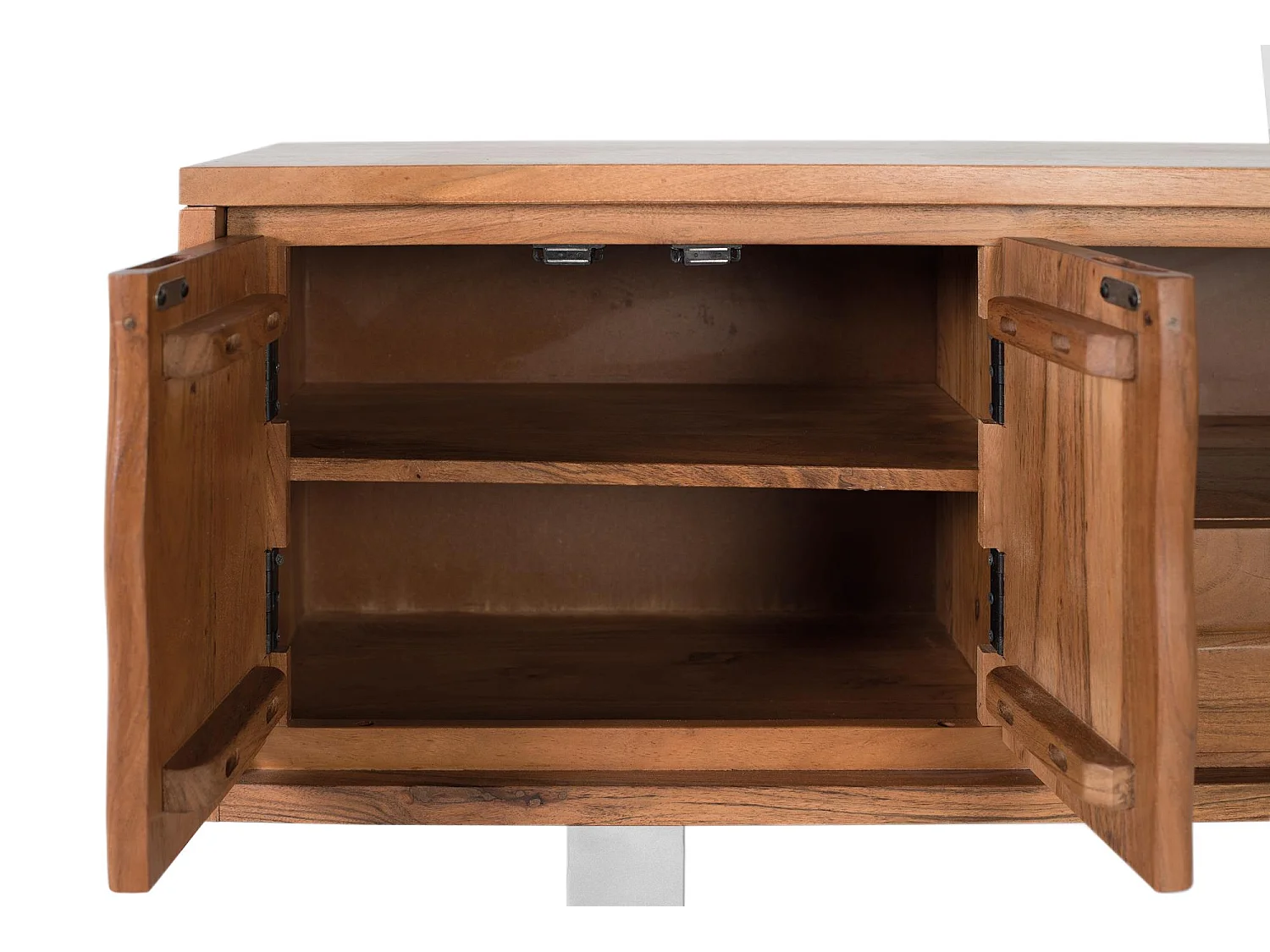 Meuble TV en bois d'acacia naturel et métal argenté