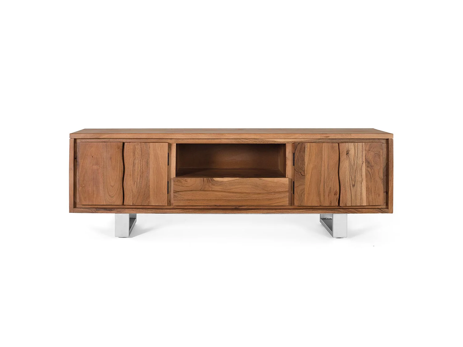 Meuble TV en bois d'acacia naturel et métal argenté