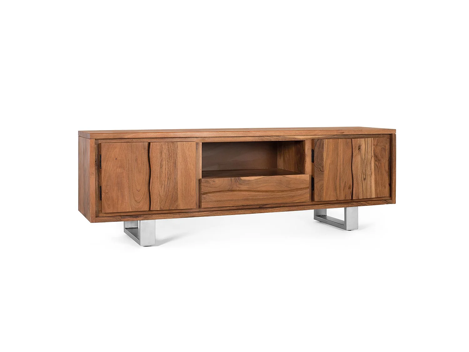 Meuble TV en bois d'acacia naturel et métal argenté