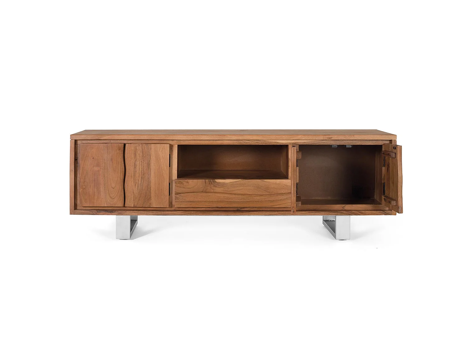 Meuble TV en bois d'acacia naturel et métal argenté