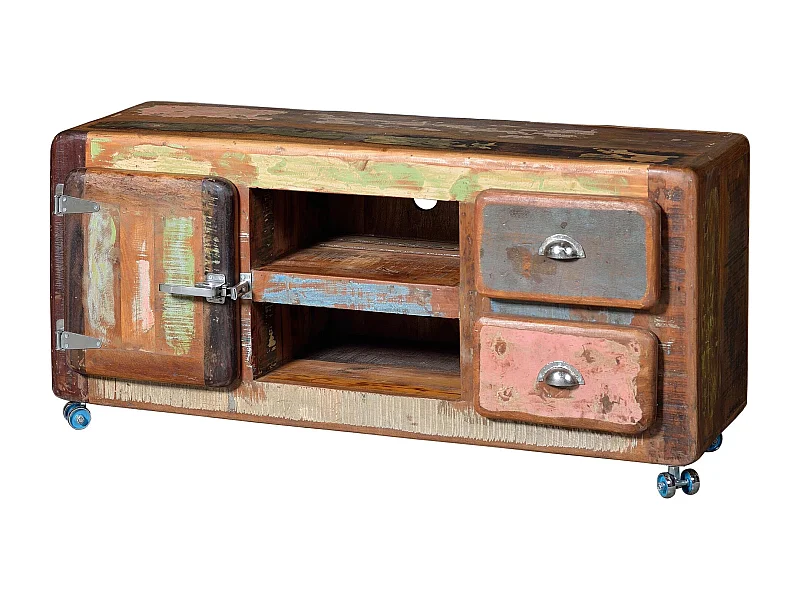 Meuble TV en bois recyclé multicolore