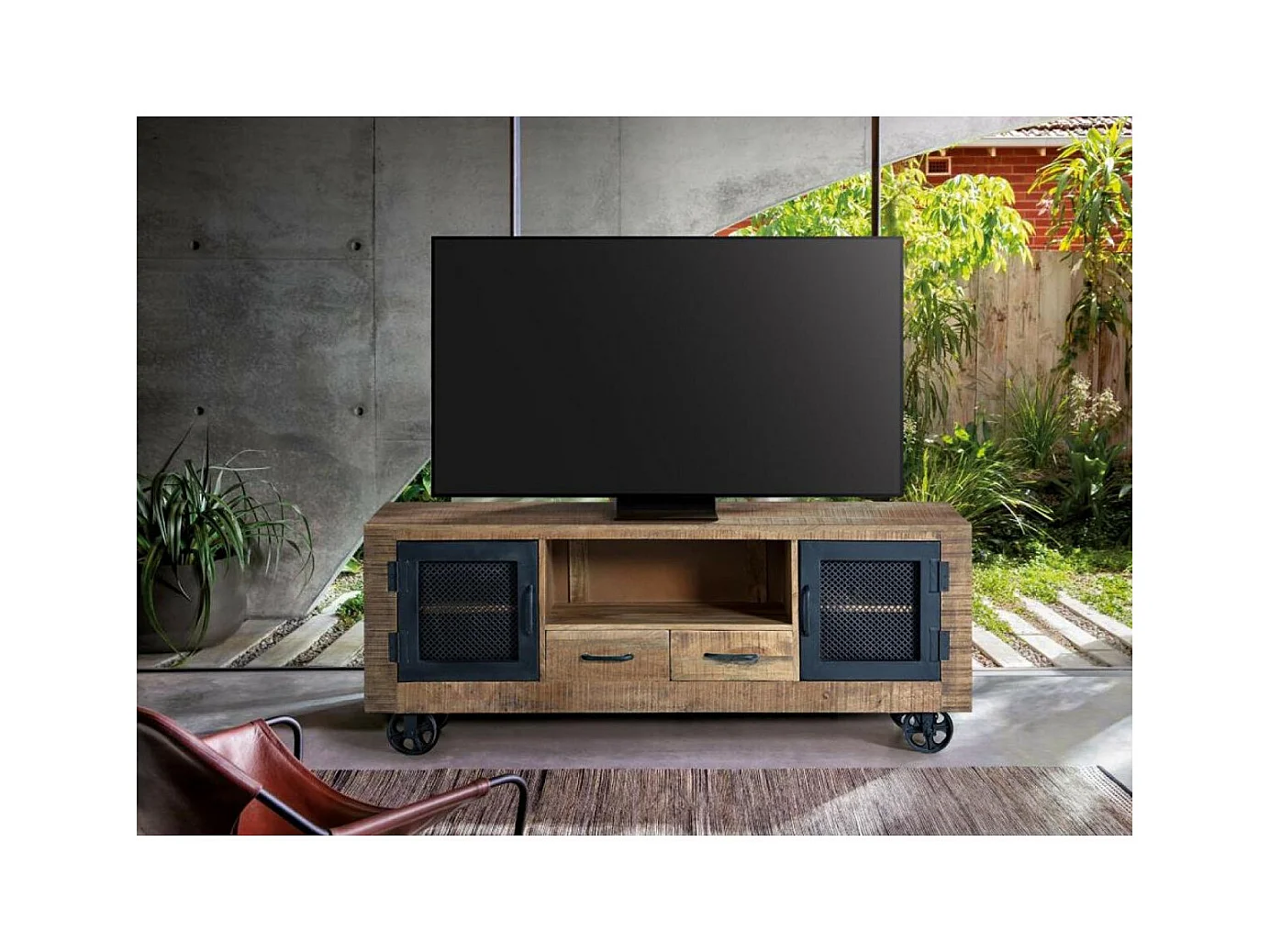 Mueble de television en madera de mango y metal natural Marrón.Giner y Colomer 60x38x150