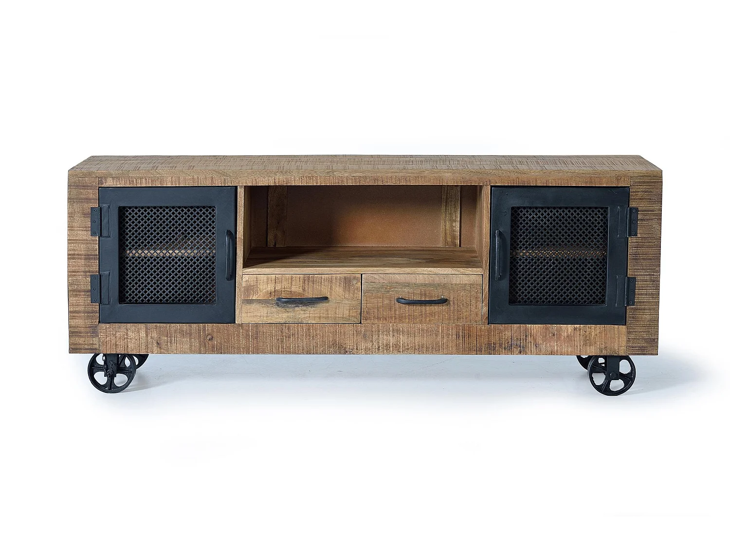 Meuble TV en bois de manguier et métal, 150 cm, style industriel moderne - 60 x 150 x 38 cm