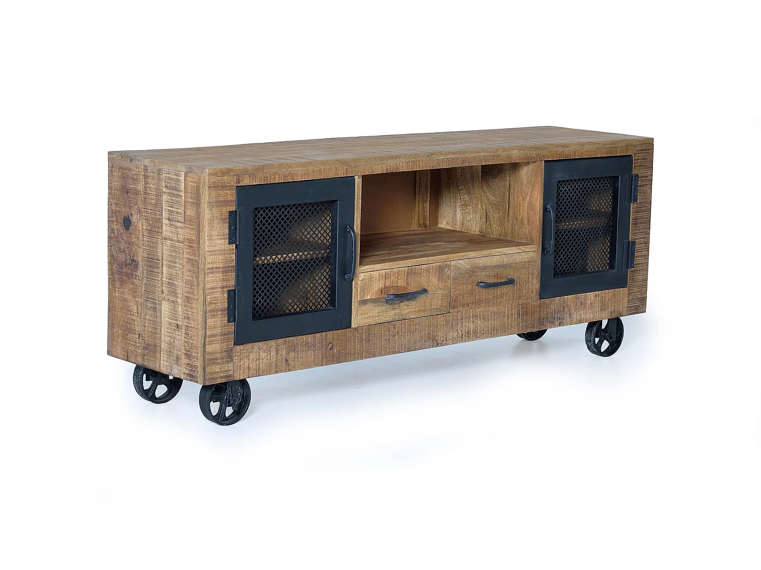 Meuble TV en bois de manguier et métal, 150 cm, style industriel moderne - 60 x 150 x 38 cm