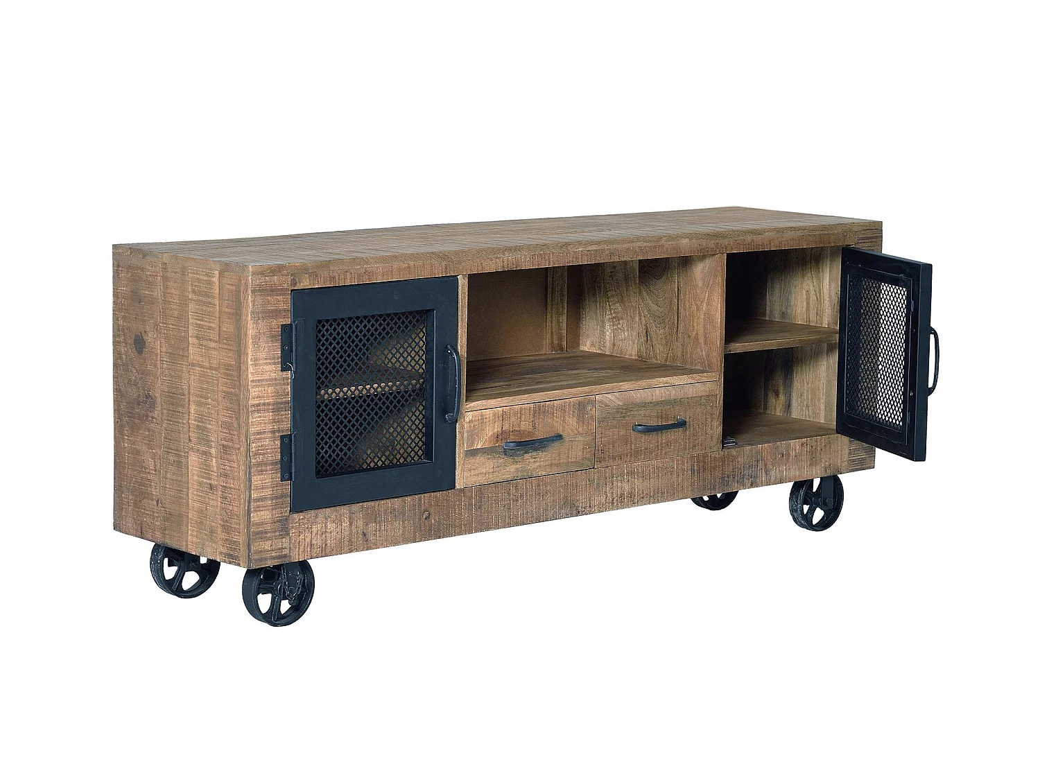 Meuble TV en bois de manguier et métal, 150 cm, style industriel moderne - 60 x 150 x 38 cm