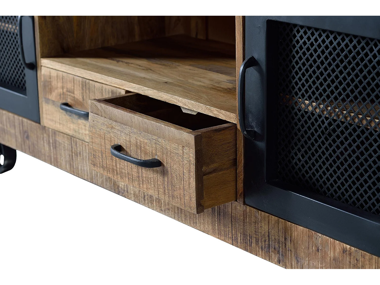 Meuble TV en bois de manguier et métal, 150 cm, style industriel moderne - 60 x 150 x 38 cm