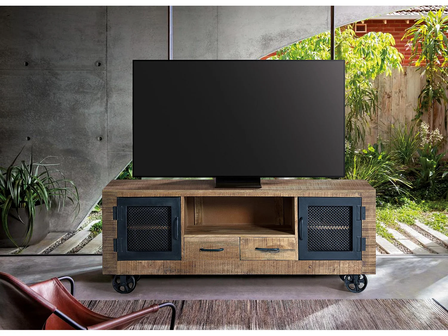 Meuble TV en bois de manguier et métal, 150 cm, style industriel moderne - 60 x 150 x 38 cm