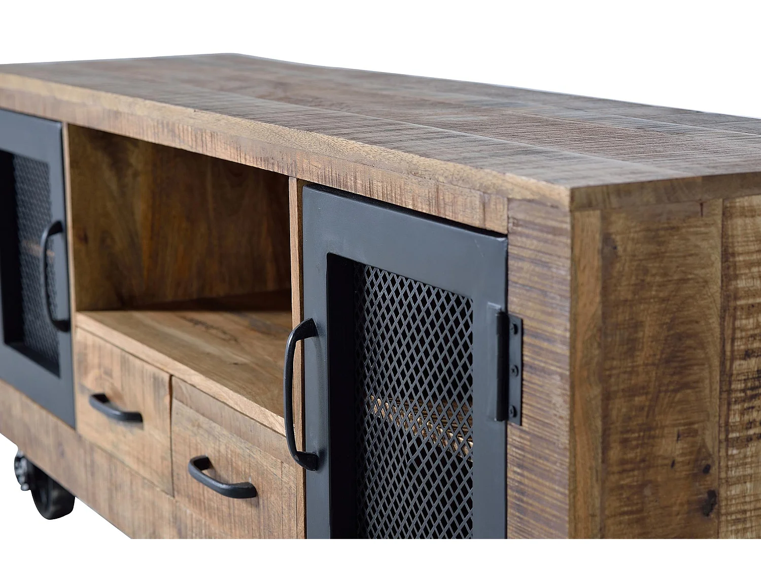 Meuble TV en bois de manguier et métal, 150 cm, style industriel moderne - 60 x 150 x 38 cm