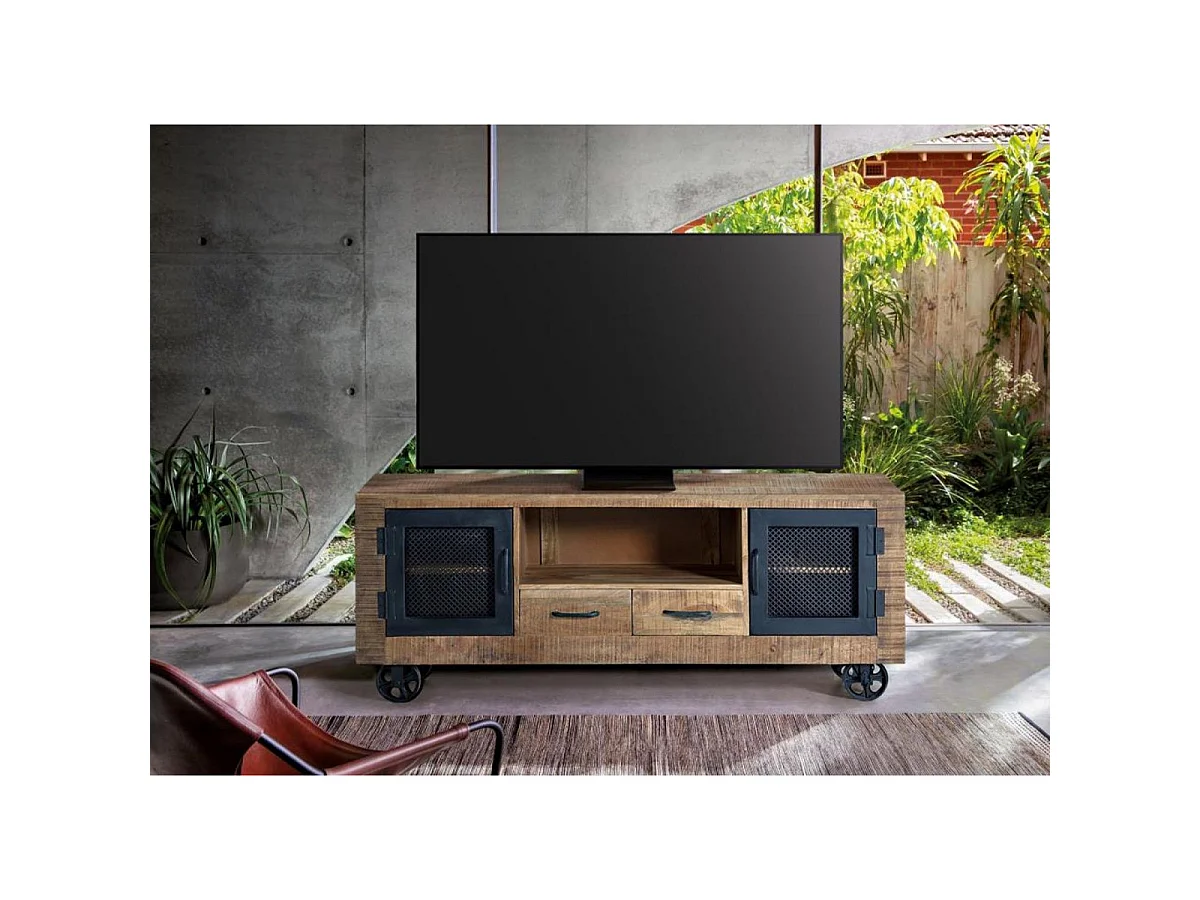 Meuble TV en bois de manguier et métal, 150 cm, style industriel moderne - 60 x 150 x 38 cm