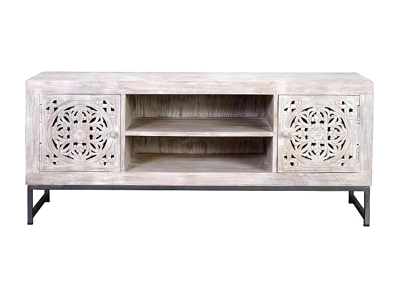 Meuble TV manguier et pieds métal blanc vieilli