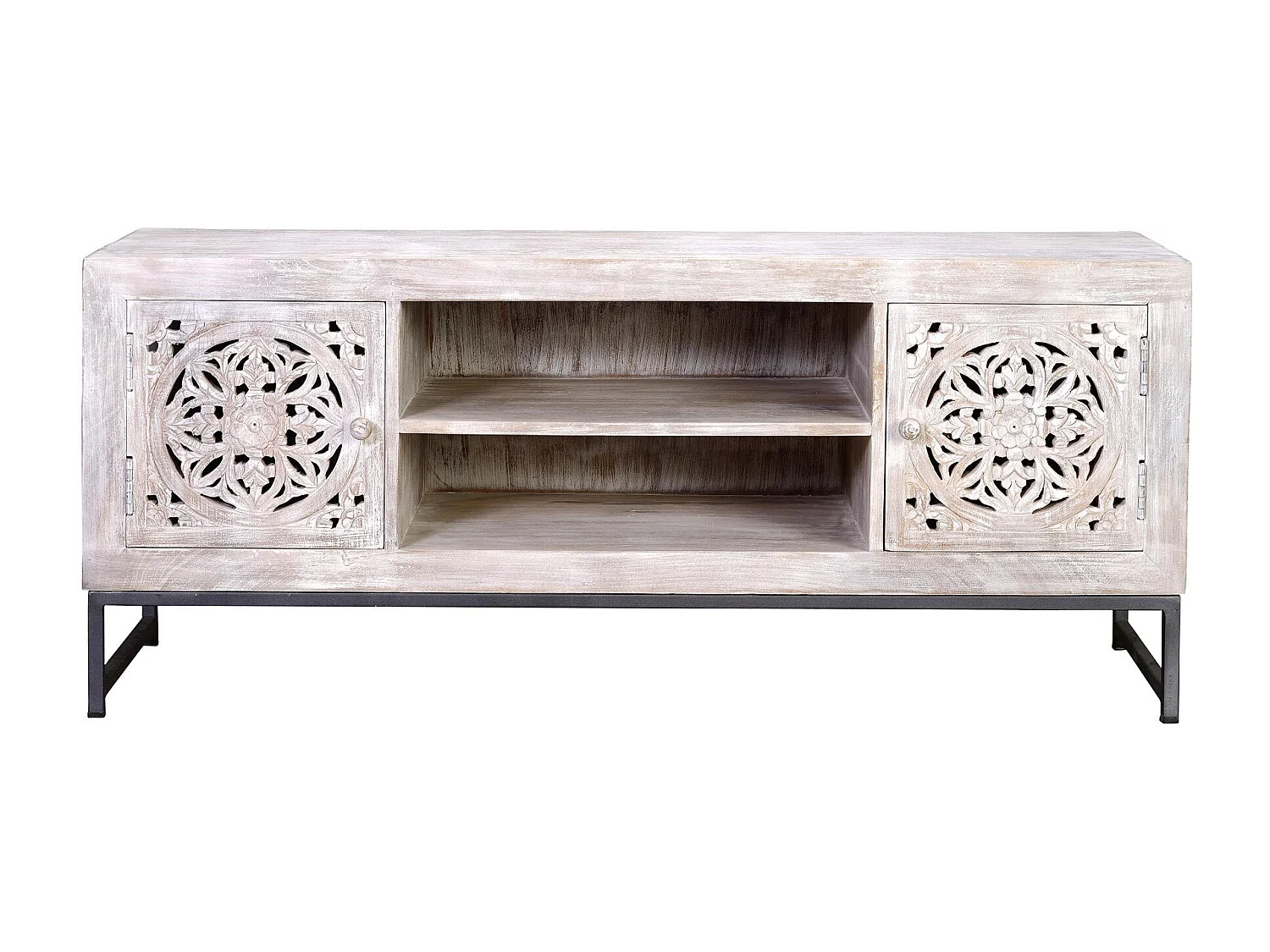 Meuble TV manguier et pieds métal blanc vieilli