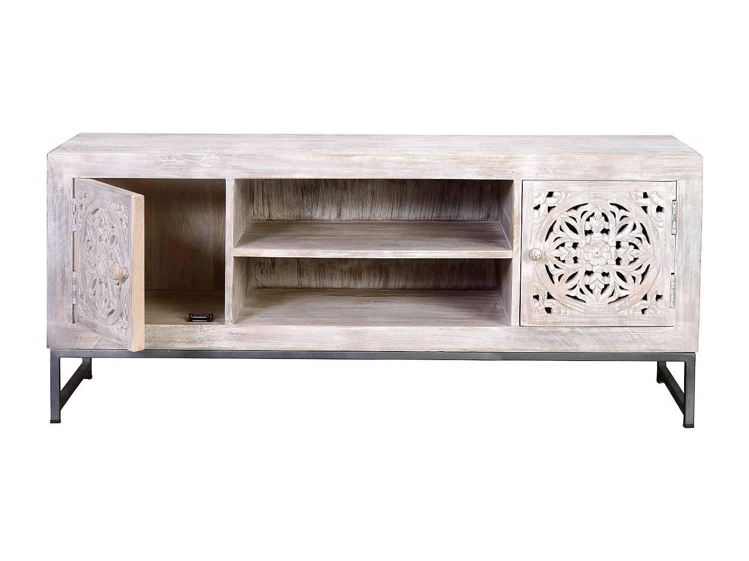 Meuble TV manguier et pieds métal blanc vieilli