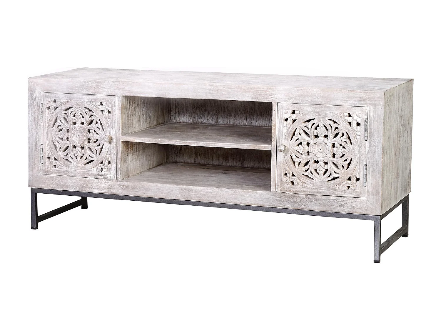 Meuble TV manguier et pieds métal blanc vieilli