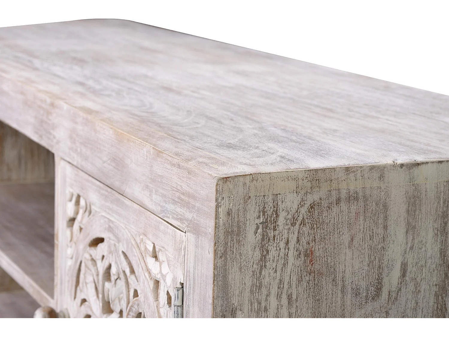 Meuble TV manguier et pieds métal blanc vieilli