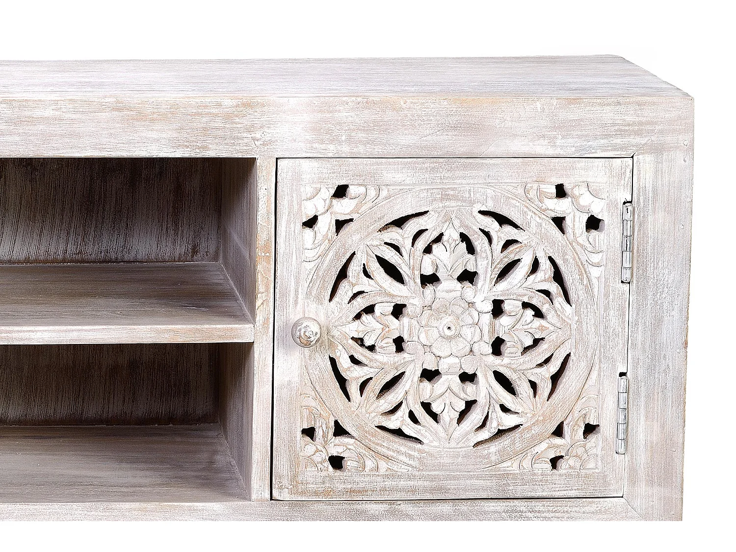 Meuble TV manguier et pieds métal blanc vieilli