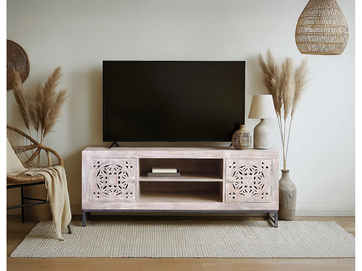 Mueble TV de Madera de Mango 130 Cm Estilo Étnico Boho Tallado-55x130x40