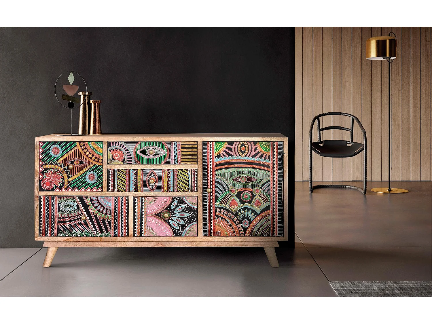 Commode en manguier naturel et multicolore