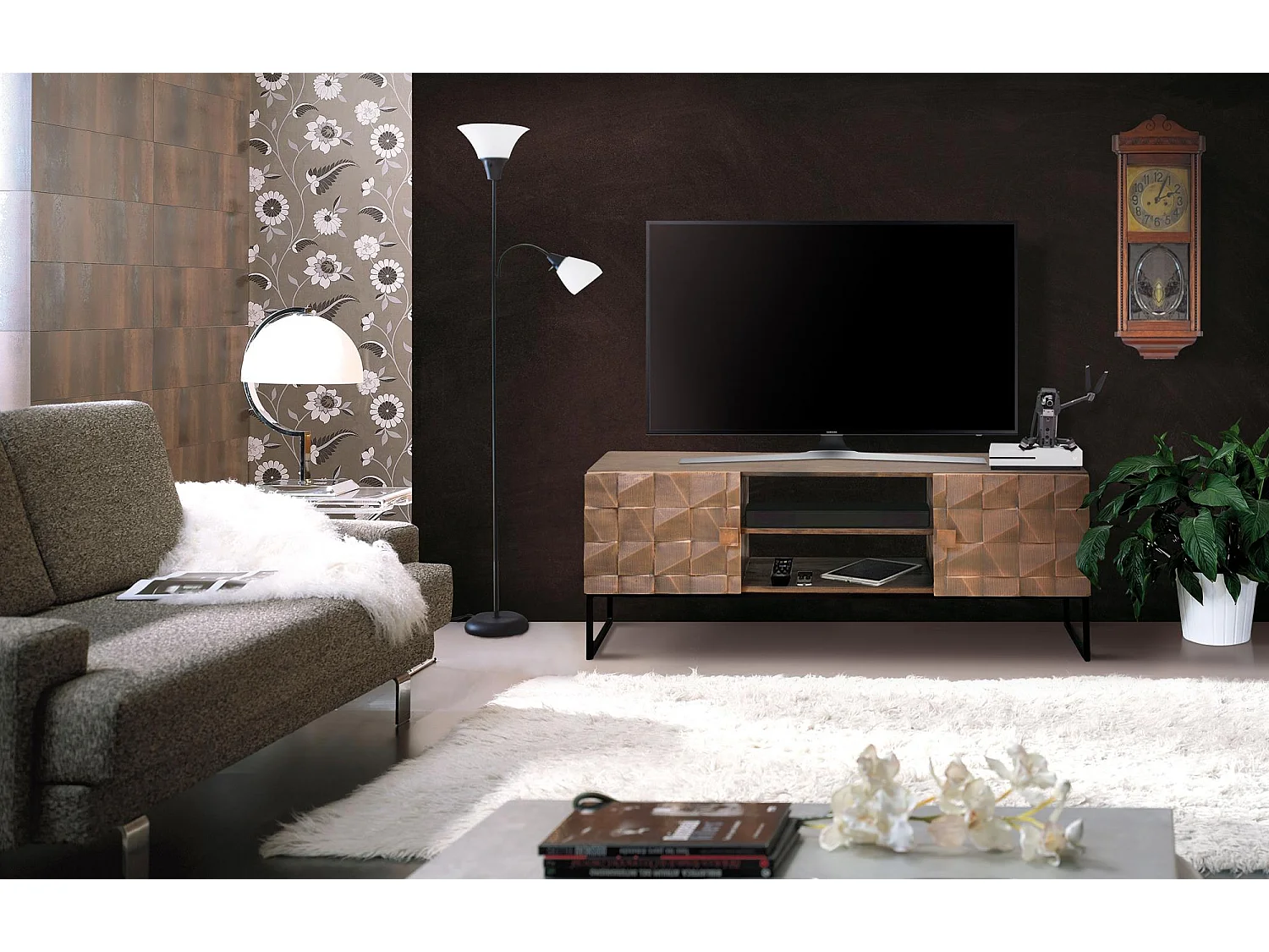 Meuble TV en manguier et bronze marron foncé