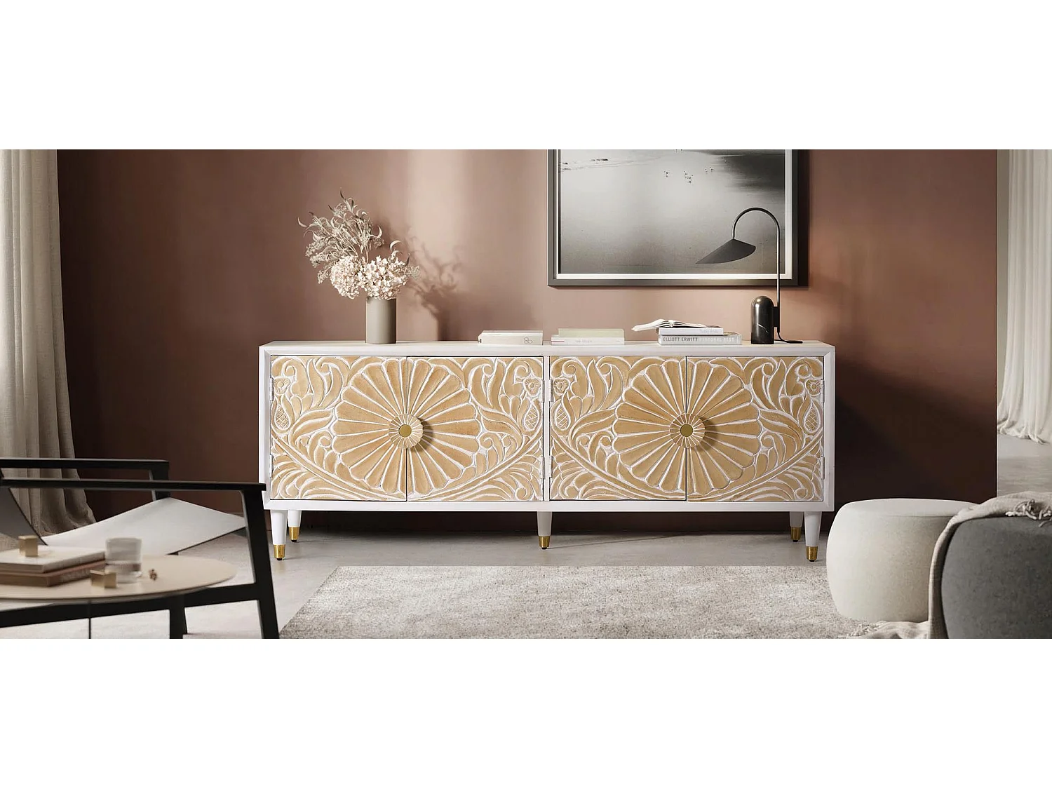 TV-meubel in wit manguier met gouden accenten