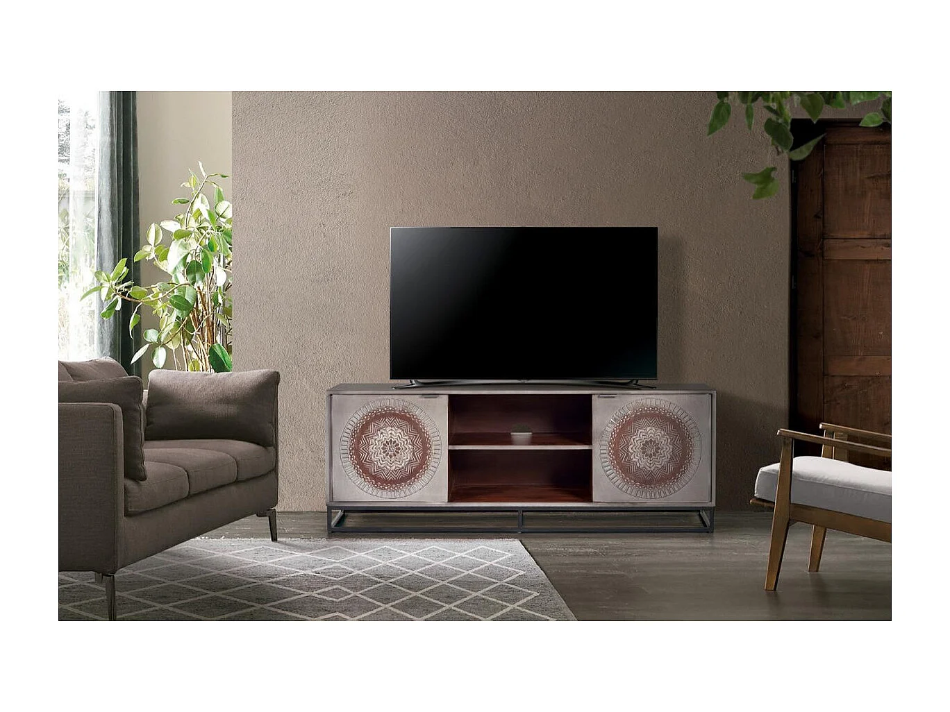 Meuble TV en manguier et pieds en métal gris et marron