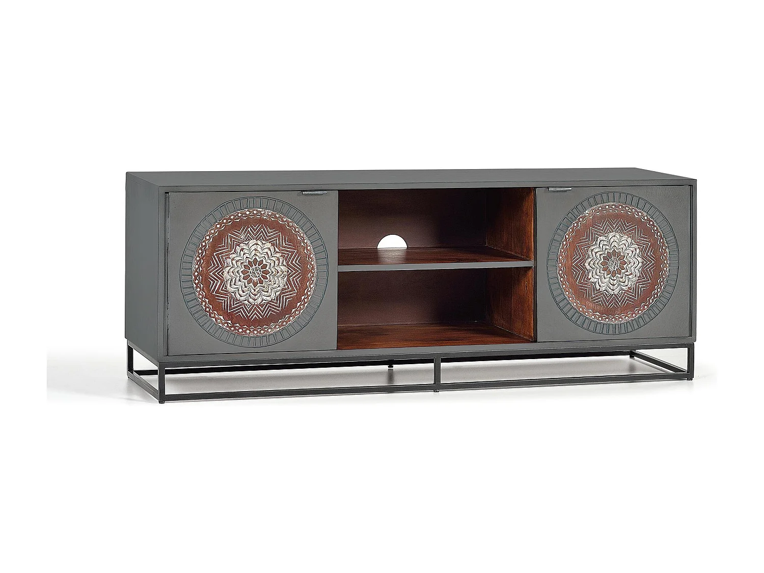 TV-meubel met manguier en poten in grijs en bruin metaal