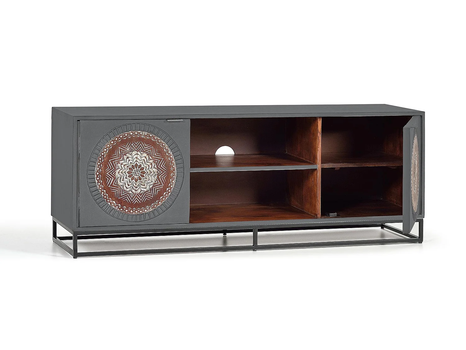 Meuble TV en bois de manguier 150 cm, style industriel ethnique contemporain - 56 x 150 x 40 cm