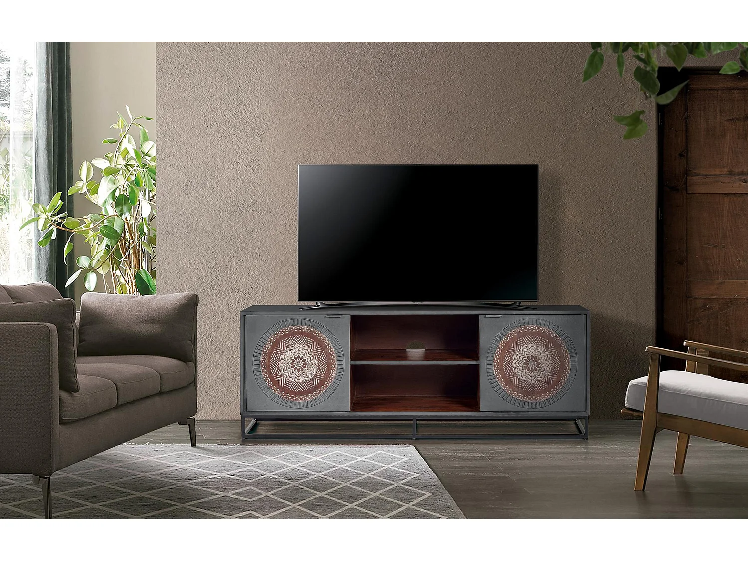 Meuble TV en bois de manguier 150 cm, style industriel ethnique contemporain - 56 x 150 x 40 cm