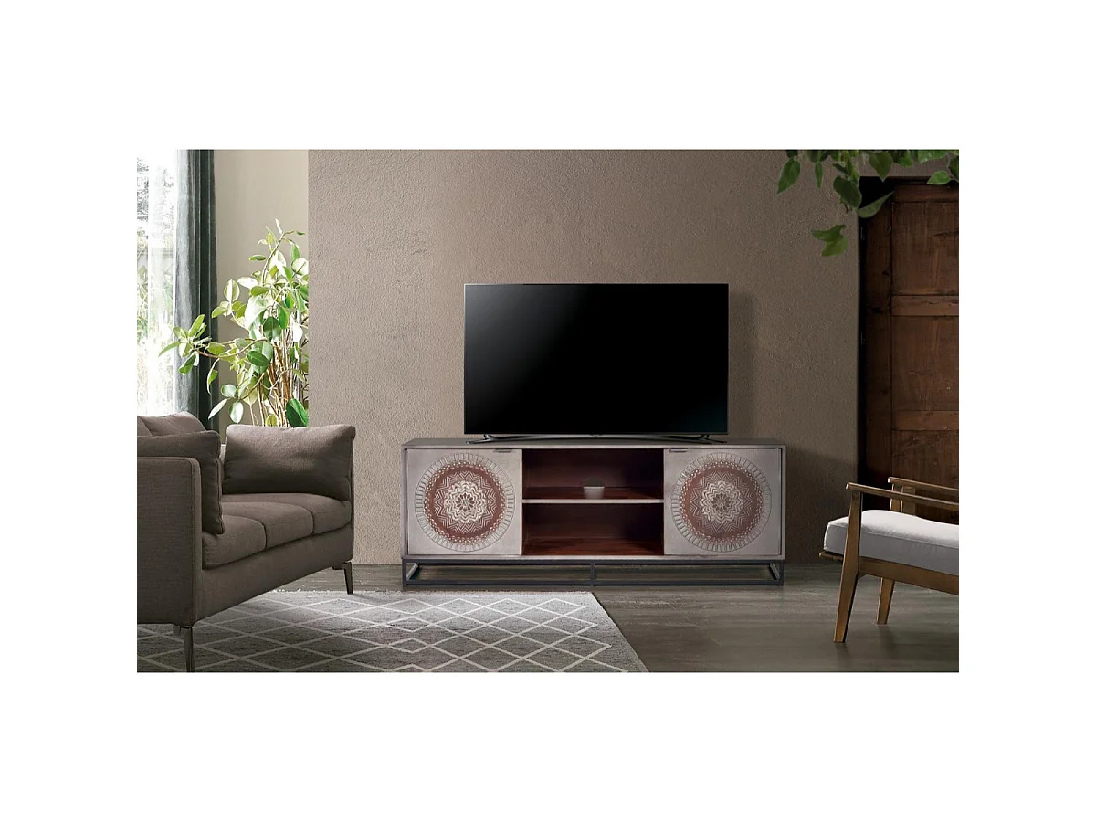 Meuble TV en bois de manguier 150 cm, style industriel ethnique contemporain - 56 x 150 x 40 cm