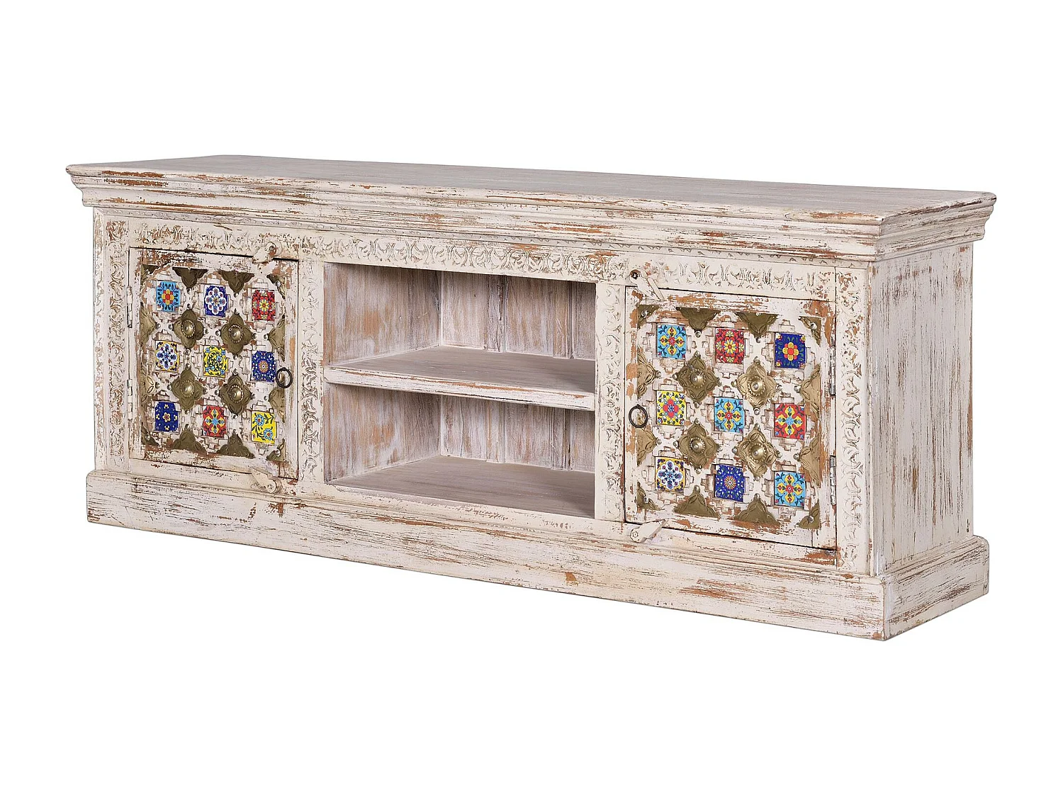 Szafka RTV z drewna mango z elementami ceramicznymi i brązowymi