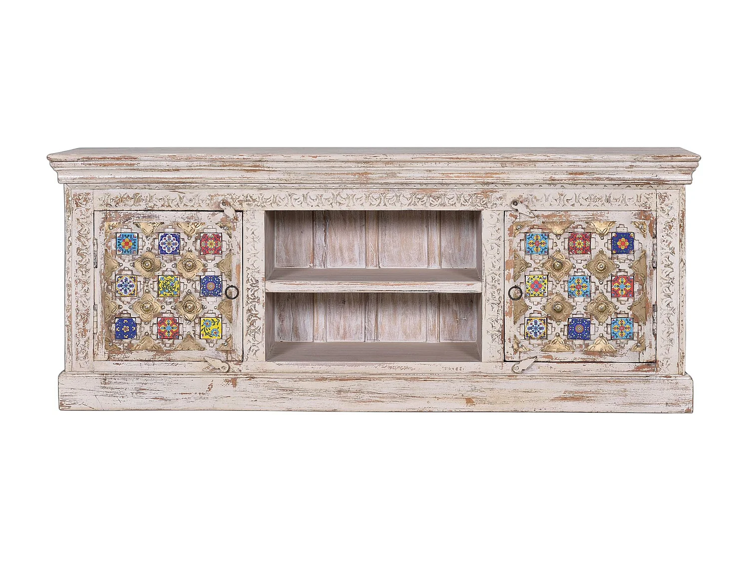 Szafka RTV z drewna mango z elementami ceramicznymi i brązowymi