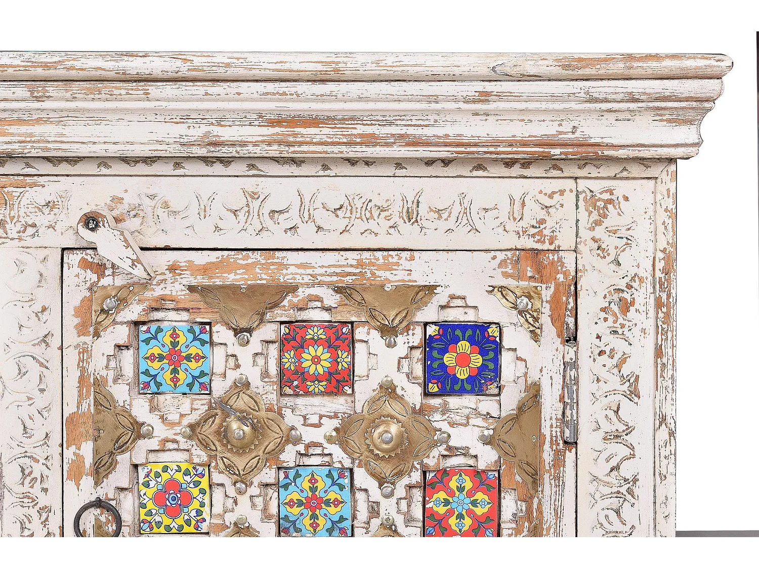 Szafka RTV z drewna mango z elementami ceramicznymi i brązowymi