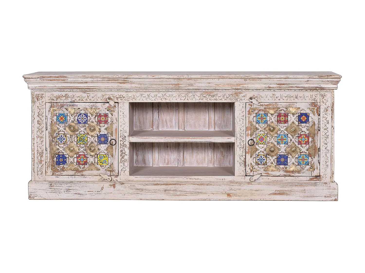 Meuble tv en bois de manguier avec détails en céramique