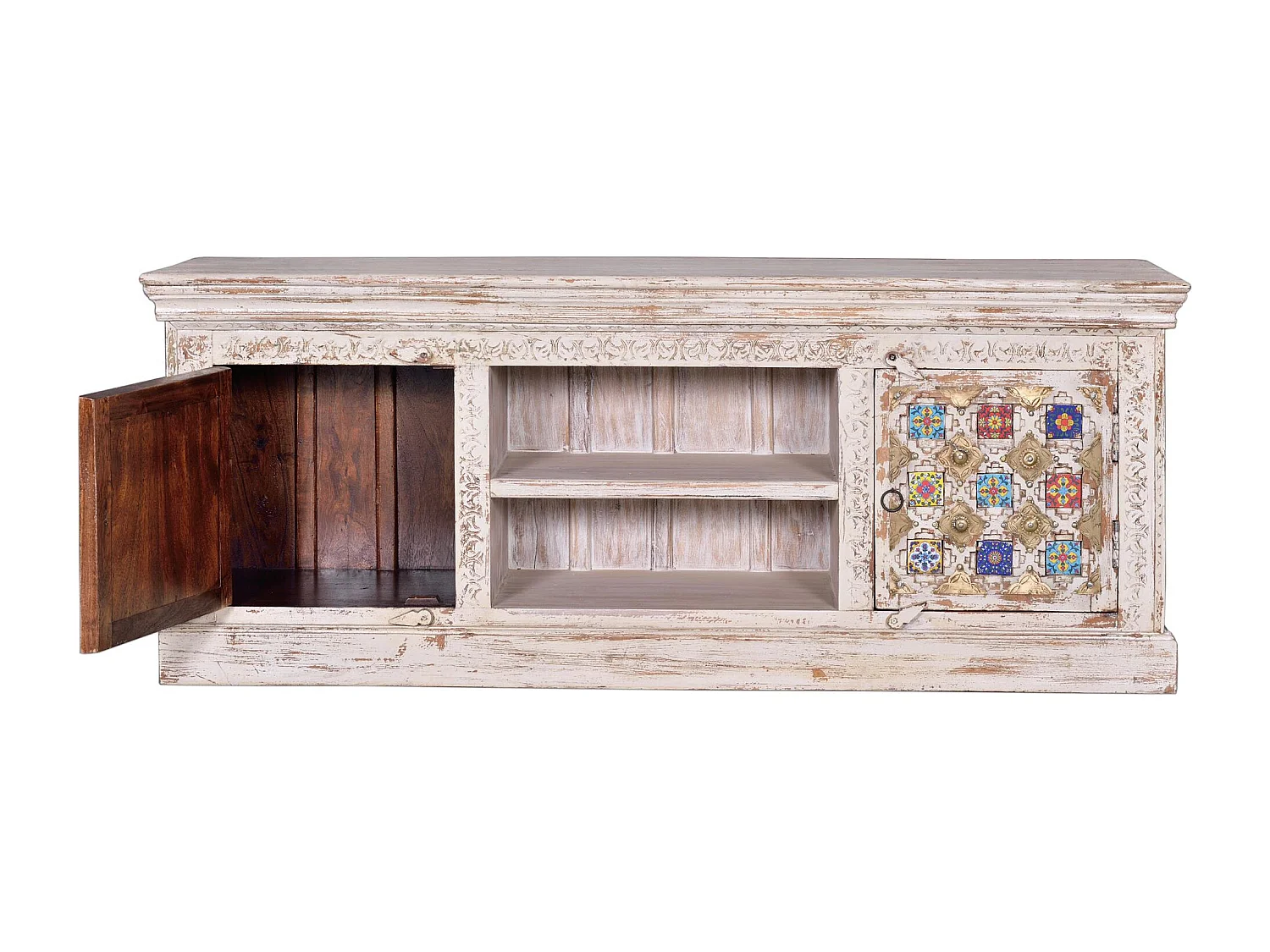 Szafka RTV z drewna manguier z ceramicznymi detalami